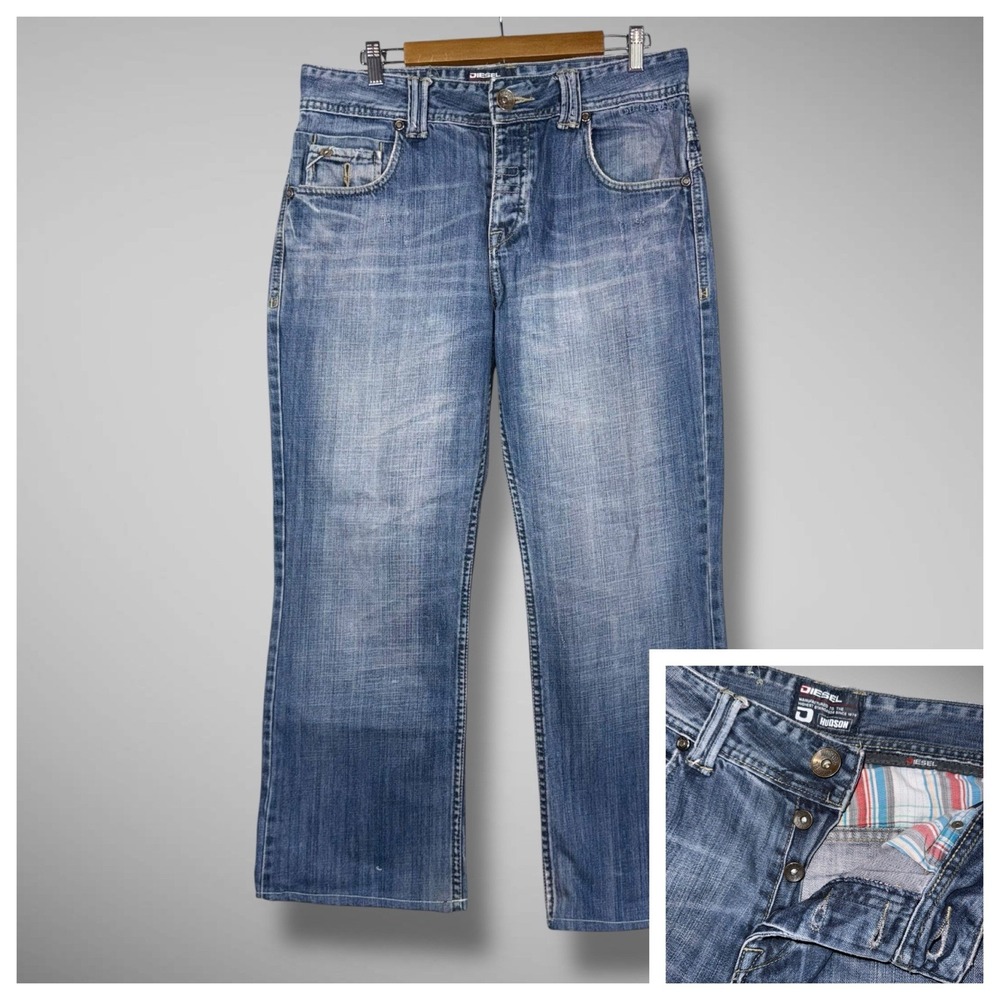 Diesel Mens Jeans 34x29 Regular Bootcut Straight Blue Denim Washed Hudson Hemmed